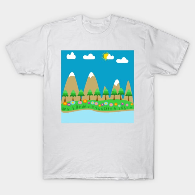 A scenic landscape with a mountains, trees,  sky, clouds and a river with boat T-Shirt by ikshvaku